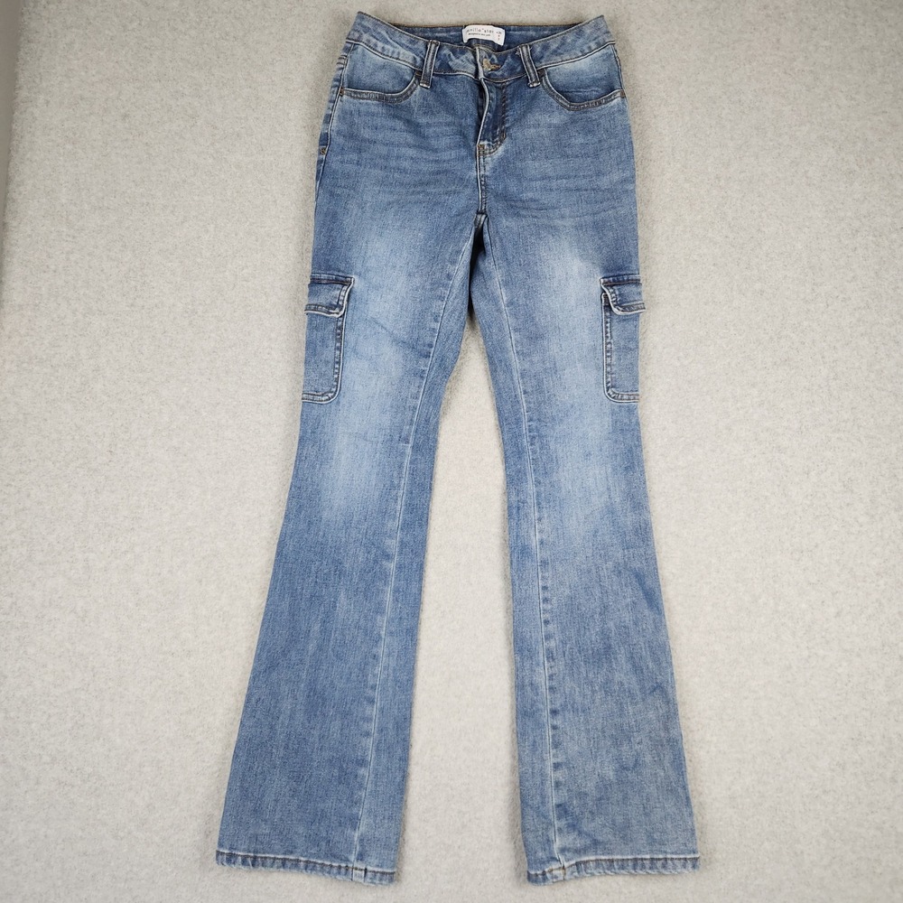 Vanilla Star Cargo Jeans Womens 3 Blue Flare Mid Rise V23889-7 Utility Denim Y2K